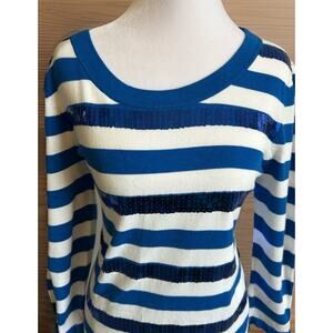 Alex Marie Blue Striped Sweater Sequins Soft Cotton Knit Top Coastal Nautical PM